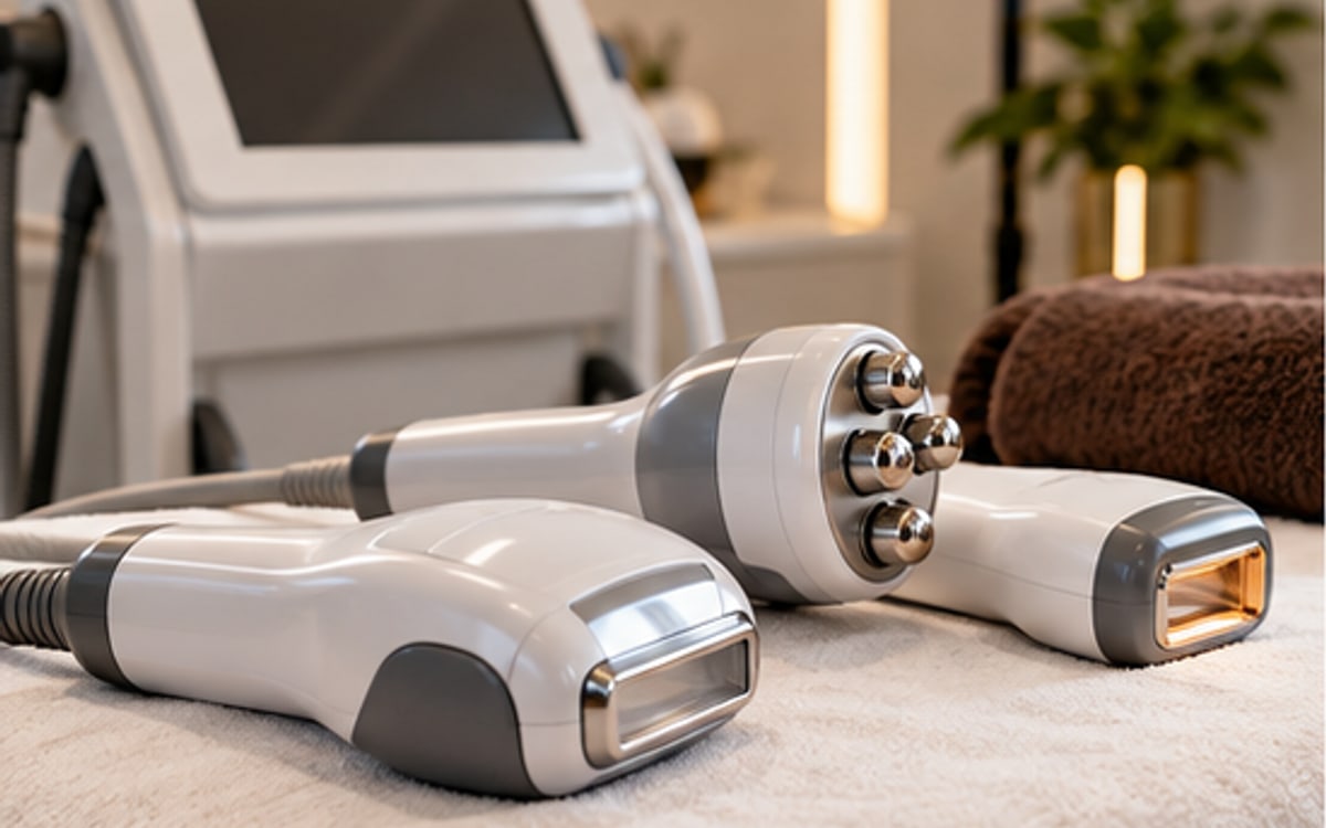 Modern skin tightening handpiece and treatment supplies on a clean tray