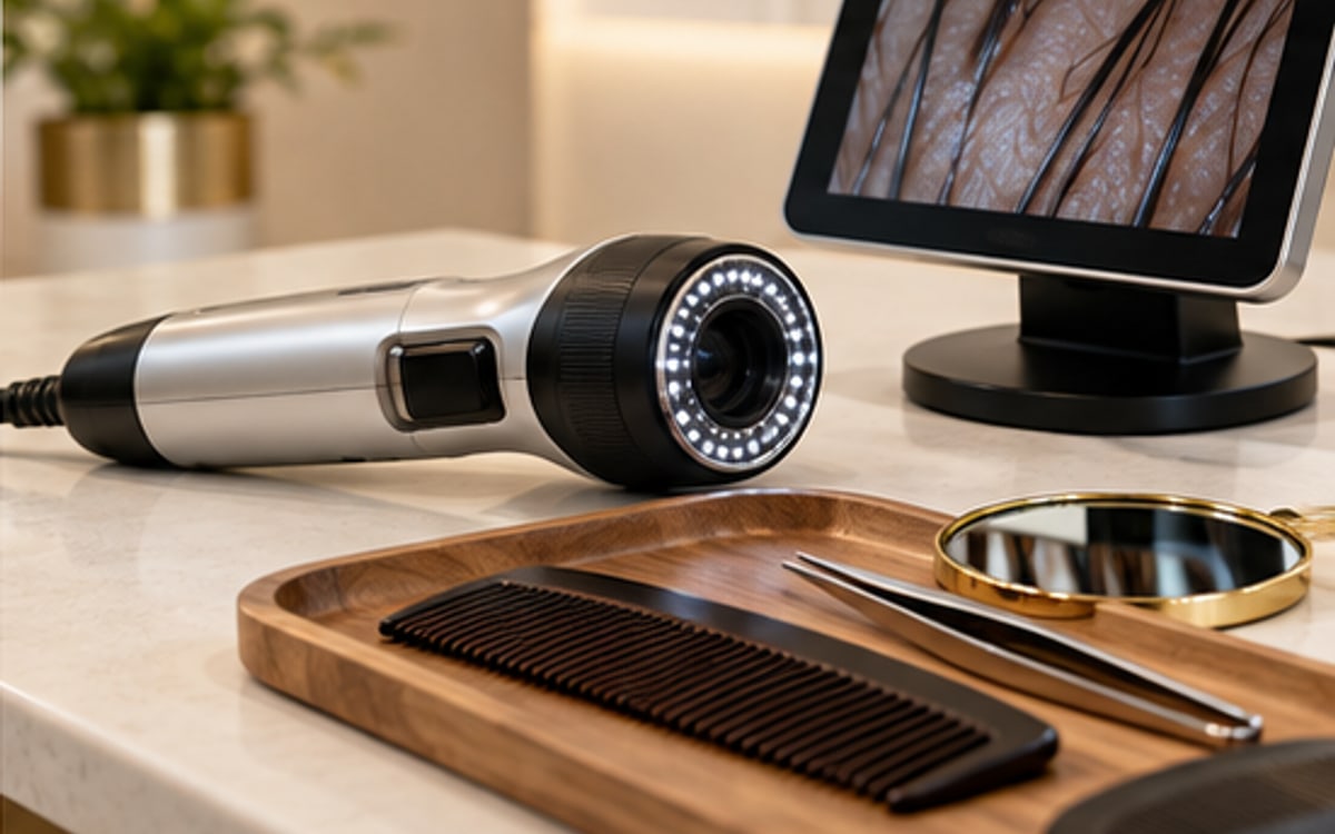 Scalp imaging equipment and unbranded hair care tools on a clean clinic counter
