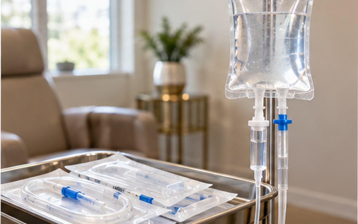 Clear IV hydration supplies prepared on a sterile clinic tray