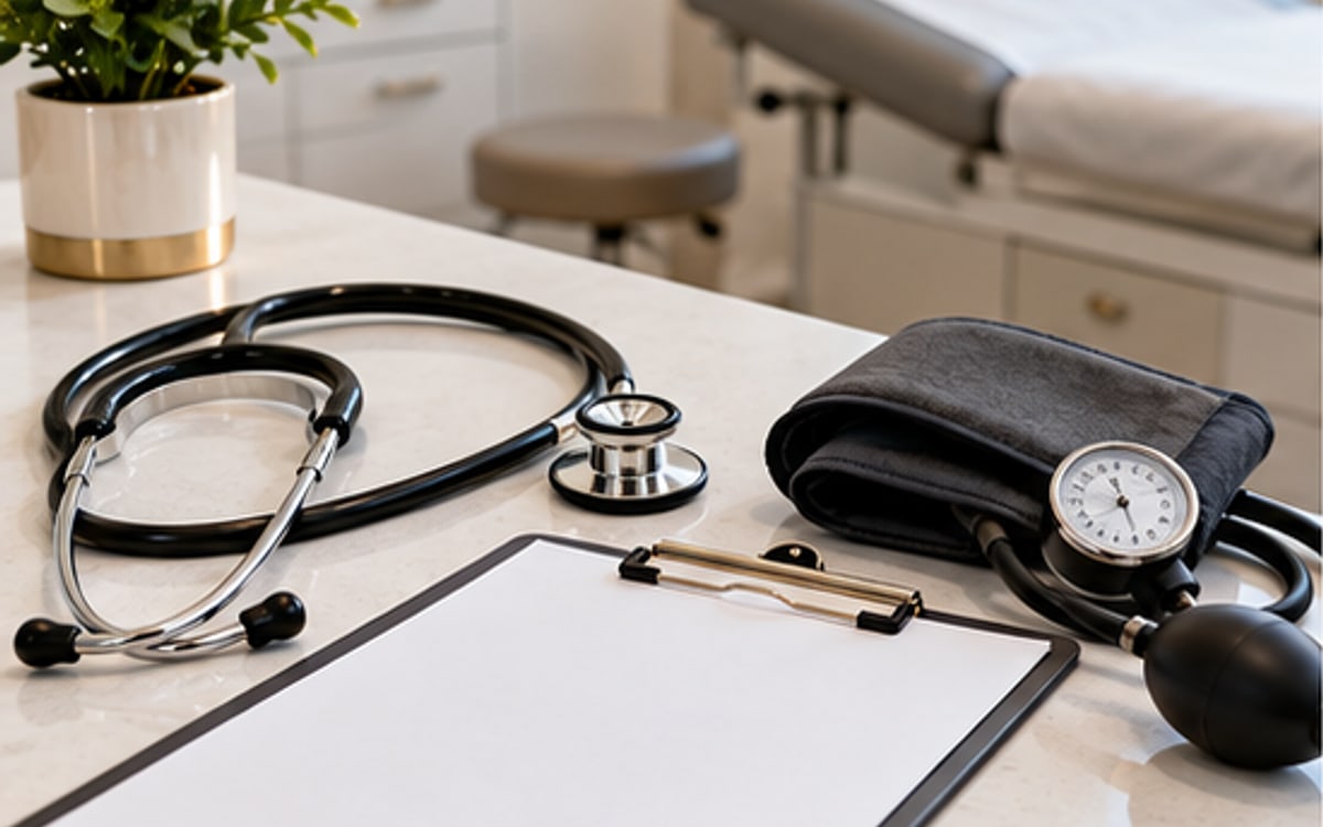 Primary care blood pressure check prepared in a clean clinic room