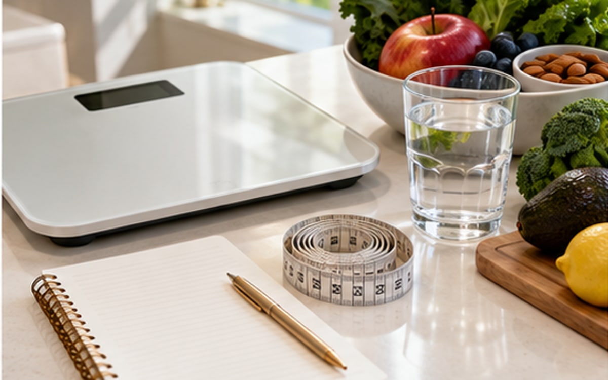 Scale, measuring tape, and unbranded wellness planning materials