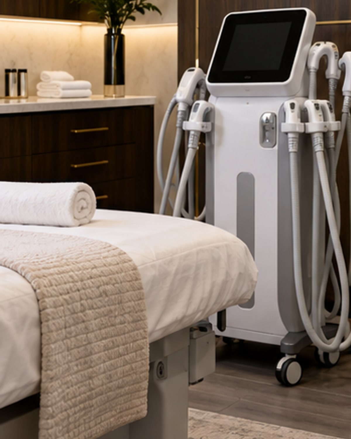 Body contouring device being prepared with no patient face visible
