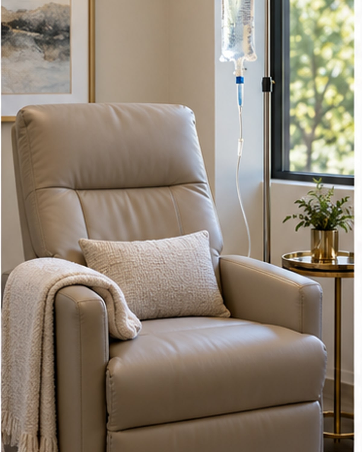 Close-up of IV tubing and a patient's arm with the face outside the frame