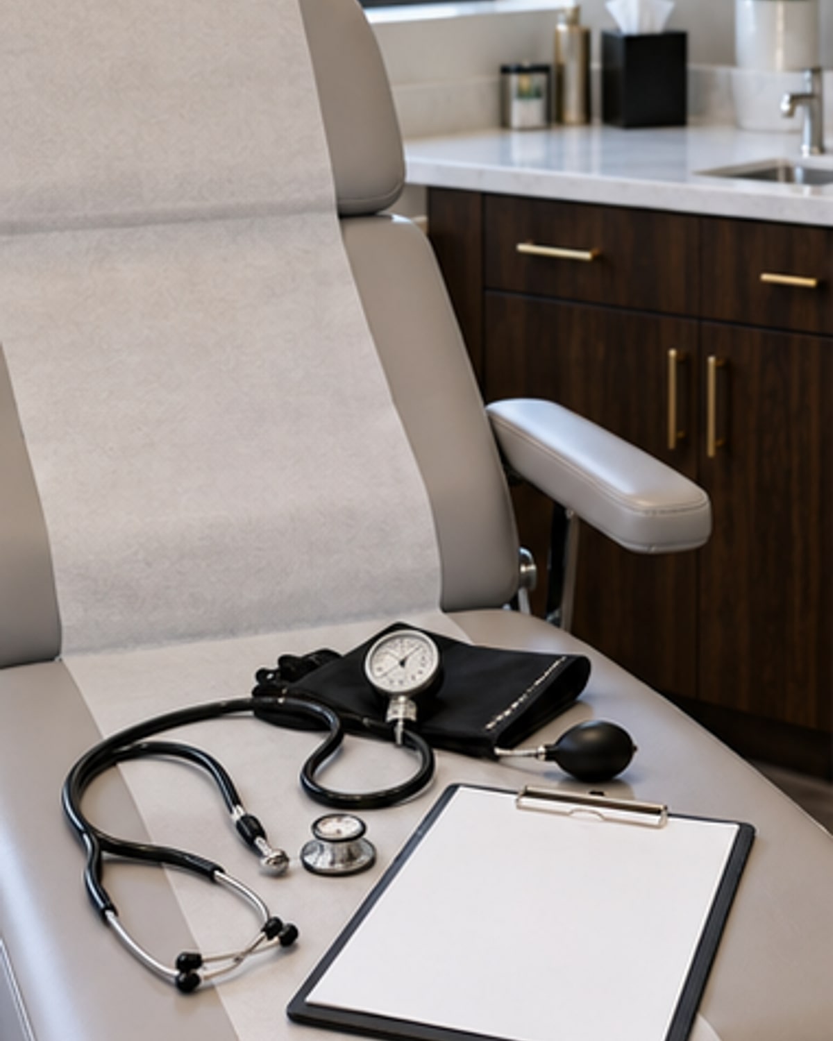 Face-free primary care exam room prepared for a Lynn Haven patient visit